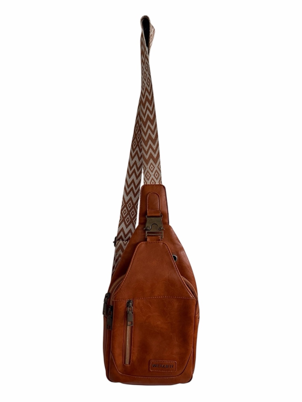 Weixier Brown Faux Leather Crossbody Sling Bag with Patterned Strap